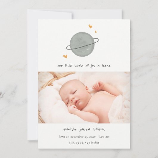 Kute Space World Heart Foto geboorteaankondiging Bedankkaart (Voorkant)