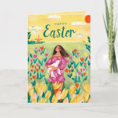 Kute spring vrouw in tulip veld Pasen Feestdagen Kaart (Voorkant)