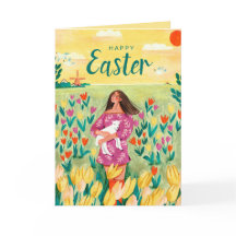 Kute spring vrouw in tulip veld Pasen