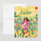 Kute spring vrouw in tulip veld Pasen Feestdagenkaart (Voorkant / Achterkant)