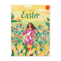 Kute spring vrouw in tulip veld Pasen