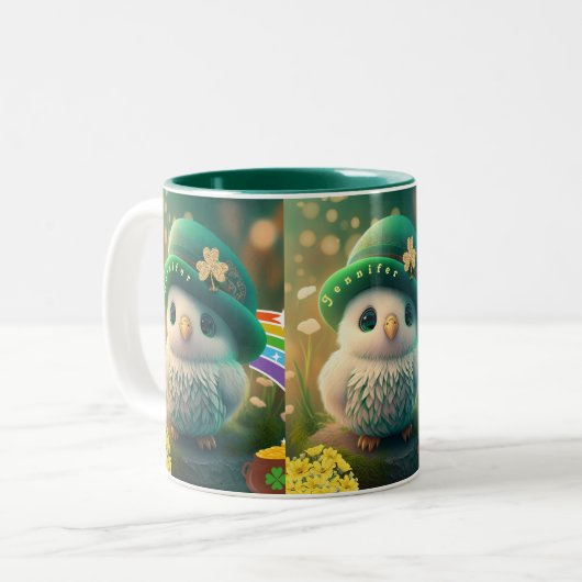 Kute St Patricks Day Baby Owl Personalized Tweekleurige Koffiemok (Voorkant links)
