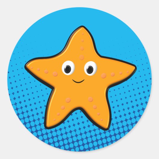 Kute Starfish Tekening Blauwe Oceaan Ronde Sticker (Voorkant)