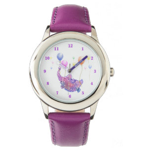 Kute Starry Elephant Flying with Colorful Balloons Horloge