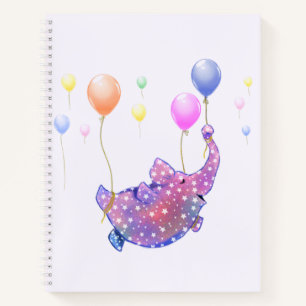 Kute Starry Elephant Flying with Colorful Balloons Notitieboek