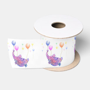 Kute Starry Elephant Flying with Colorful Balloons Satijnen Lint