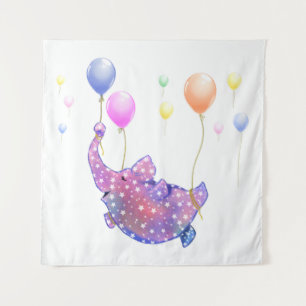 Kute Starry Elephant Flying with Colorful Balloons Wandkleed