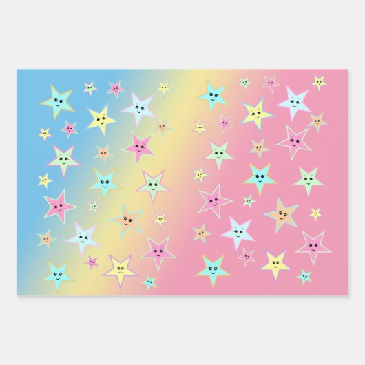 Kute sterren met gezichten in pastelkleuren inpakpapier vel (Voorkant 3)