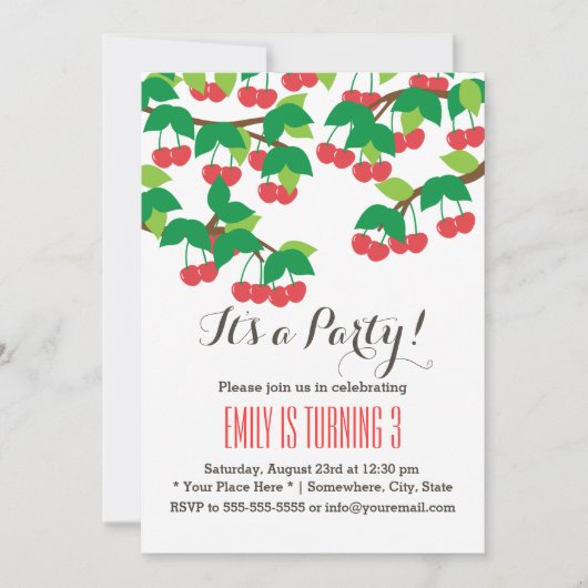 Kute Sweet Cherries Birthday Party Invitations Kaart (Voorkant)