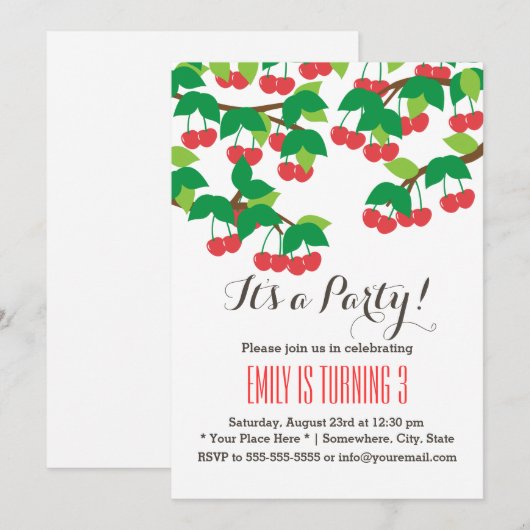 Kute Sweet Cherries Birthday Party Invitations Kaart (Voorkant / Achterkant)