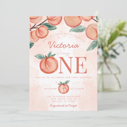 Kute Sweet Peach die 1 ^ e verjaardag draait Kaart (Staand voorkant)