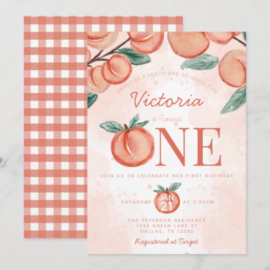 Kute Sweet Peach die 1 ^ e verjaardag draait Kaart (Voorkant / Achterkant)