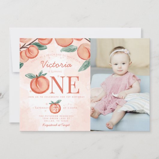 Kute Sweet Peach die 1 ^ e verjaardag draait Kaart (Voorkant)