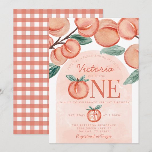 Kute Sweet Peach die 1 ^ e verjaardag draait Kaart (Voorkant / Achterkant)