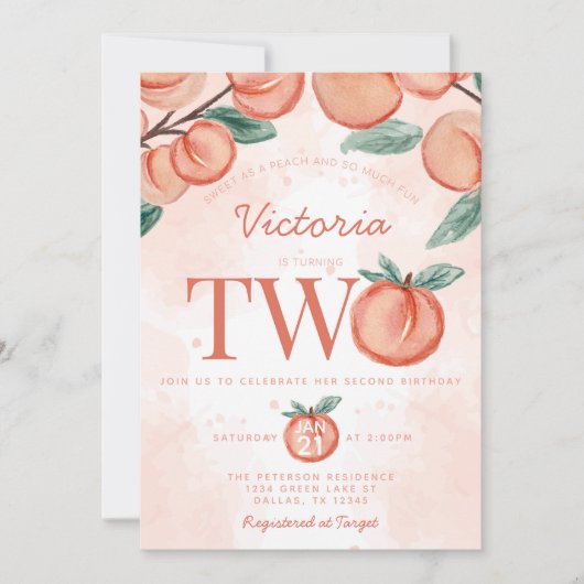 Kute Sweet Peach die TWEE Tweede verjaardag gaat v Kaart (Voorkant)