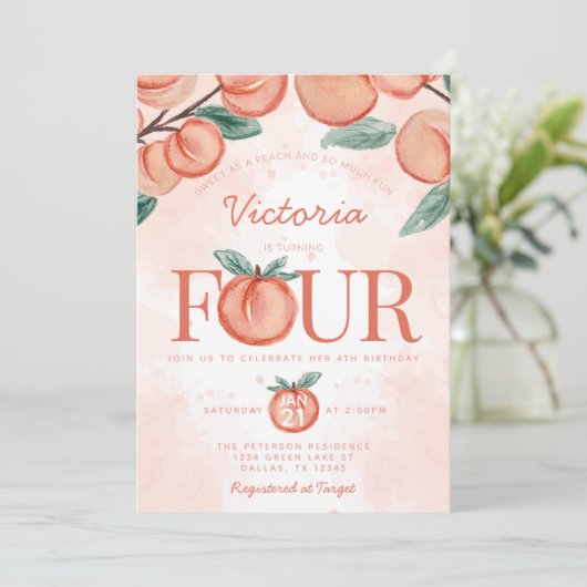 Kute Sweet Peach die VIER 4e verjaardag geeft Kaart (Staand voorkant)