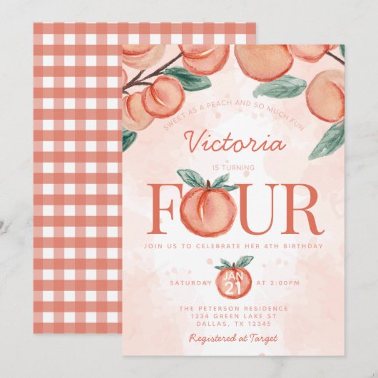 Kute Sweet Peach die VIER 4e verjaardag geeft Kaart (Voorkant / Achterkant)