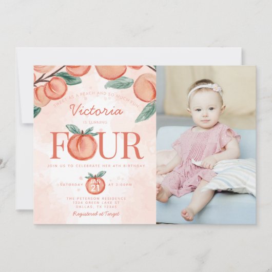 Kute Sweet Peach die VIER 4e verjaardag geeft Kaart (Voorkant)