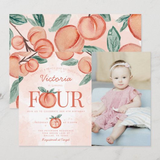 Kute Sweet Peach die VIER 4e verjaardag geeft Kaart (Voorkant / Achterkant)