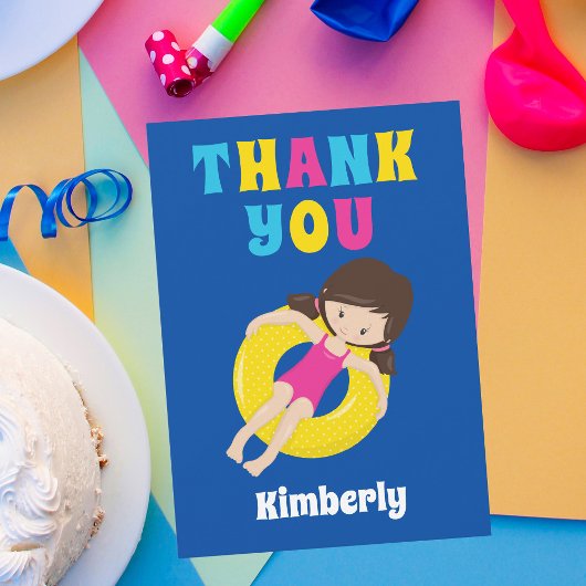 Kute Swimming Pool Birthday Party Girl Custom Kind Bedankkaart