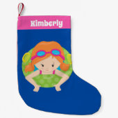Kute Swimming Pool Redhead Girl Custom Pink Blue Kleine Kerstsok (Voorkant)