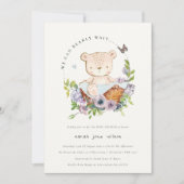 Kute Teddy Bear in Flower Basket Blue Baby shower Kaart (Voorkant)