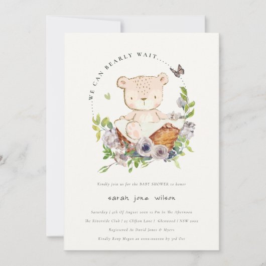 Kute Teddy Bear in Flower Basket Green Baby shower Kaart (Voorkant)