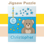 Kute teddy beer sterren naam blauw legpuzzel<br><div class="desc">Jigzaag puzzel voor kinderen.
Met een schattige bruine teddybeer,  sterren en naam.
Blauw en geel.
Kindercadeauidee.</div>