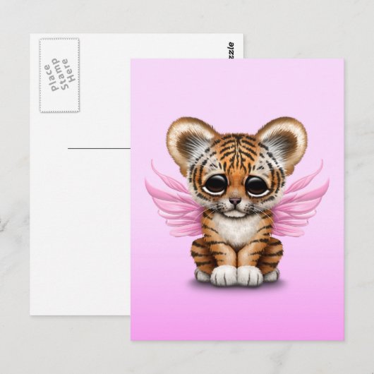 Kute tijgerkubus met zachte vleugels op roze briefkaart (Voorkant / Achterkant)