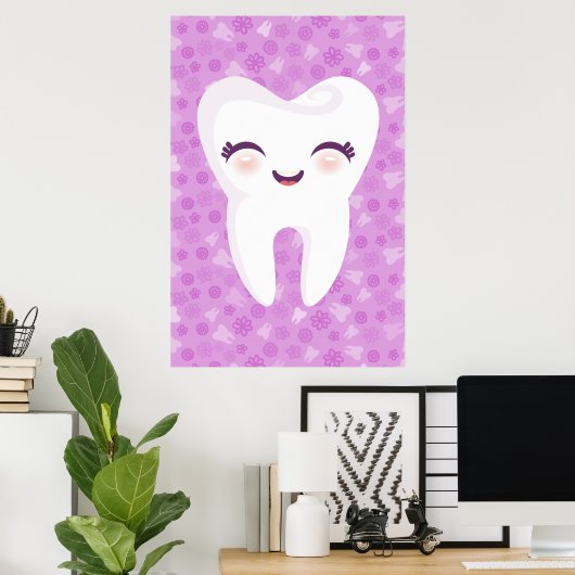 Kute tooth op Paars Pattern Wall Art Poster (Thuiskantoor)