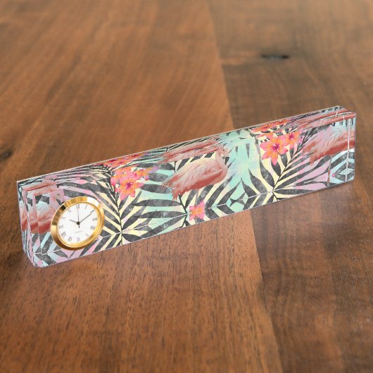 Kute trendy tropische flamingos florale verf naambordje (Zijkant)