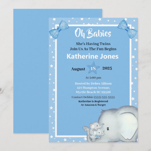 Kute Twin Boys Elephant Baby Shower Invitations Kaart (Voorkant / Achterkant)