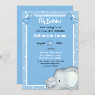 Kute Twin Boys Elephant Baby Shower Invitations Kaart