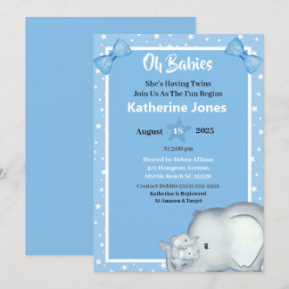 Kute Twin Boys Elephant Baby Shower Invitations Kaart