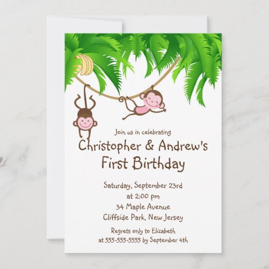 Kute Twin Oerwoud Monkey Birthday Party Invitation Kaart (Voorkant)