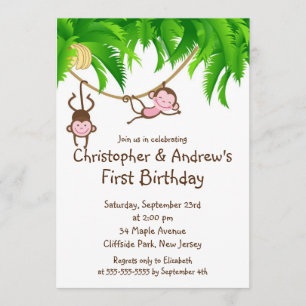Kute Twin Oerwoud Monkey Birthday Party Invitation Kaart