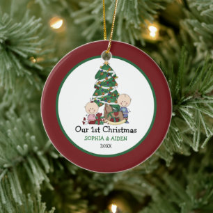 Kute Twins 1e Kerstmis, op maat gemaakt Keramisch Ornament