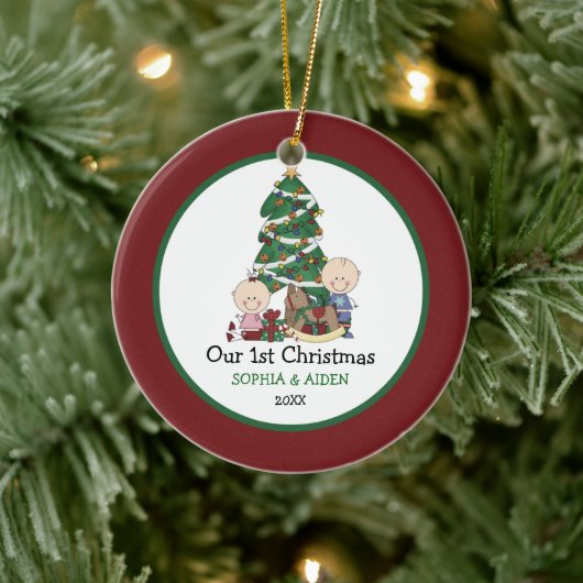 Kute Twins 1e Kerstmis, speciaal gepersonaliseerd Keramisch Ornament (Boom)