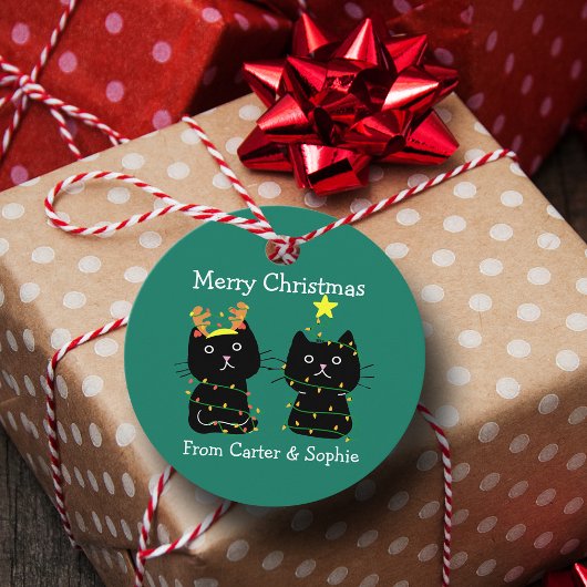 Kute Two Cat kerstlampjes Persoonlijk Groen Bedankjes Labels