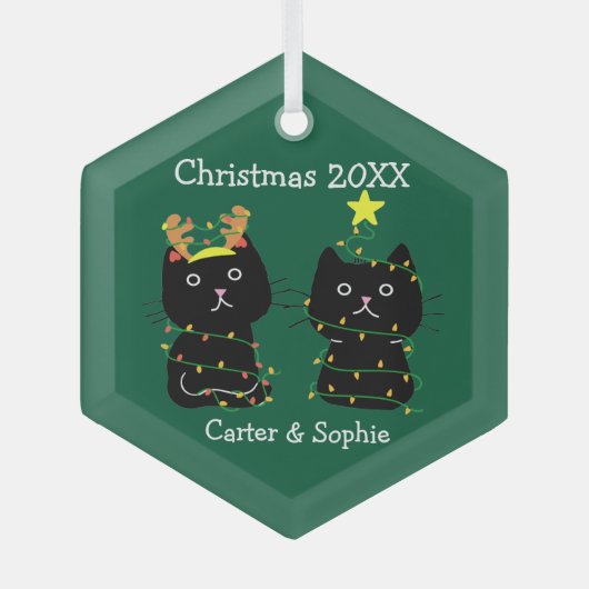 Kute Two Cat kerstlampjes Persoonlijk Groen Glas Ornament (Voorkant)