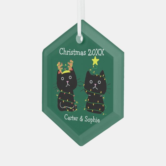 Kute Two Cat kerstlampjes Persoonlijk Groen Glas Ornament (Voorkant links)