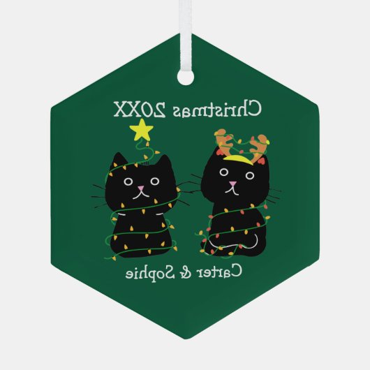 Kute Two Cat kerstlampjes Persoonlijk Groen Glas Ornament (Achterkant)