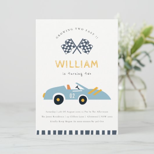 Kute Two Fast Race Car Blue 2de verjaardag Uitnodi Bedankkaart (Staand voorkant)
