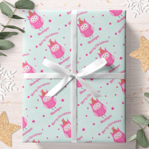 Kute Uil Kerst Roze Sneeuw Sterren Persoonlijk Cadeaupapier
