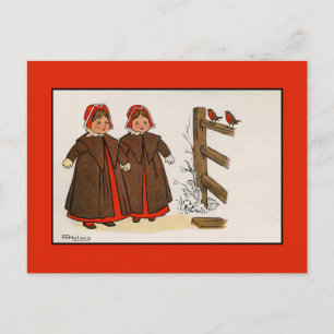 Kute Victoriaans kinderen, robins, sneeuw, winter Briefkaart