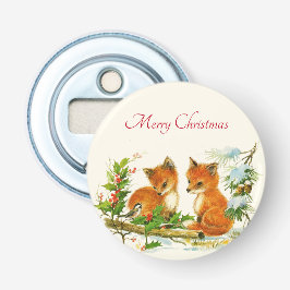 Kute Vintage Foxes Retro Kerstmis Scene Button Flesopener