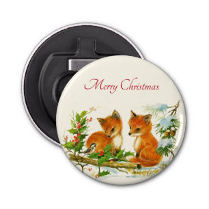Kute Vintage Foxes Retro Kerstmis Scene Button Flesopener