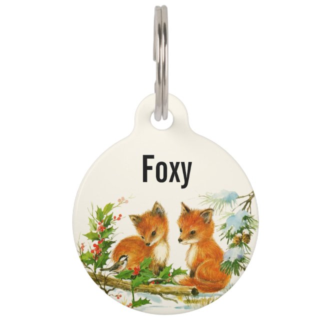 Kute Vintage Foxes Retro Kerstmis Scene Huisdierpenning (Voorkant)