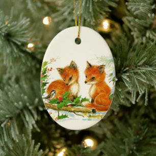 Kute Vintage Foxes Retro Kerstmis Scene Keramisch Ornament