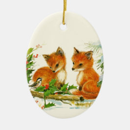 Kute Vintage Foxes Retro Kerstmis Scene Keramisch Ornament